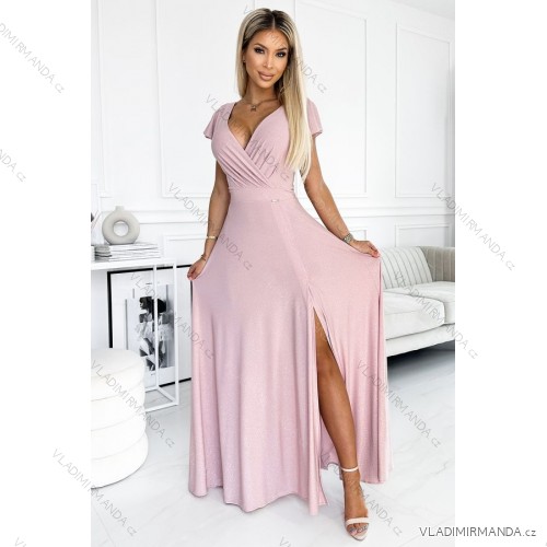 411-6 CRYSTAL long shimmering dress with a neckline - dirty pink