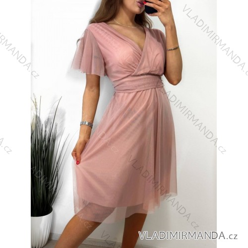 Šaty elegantní společenské krátký rukáv dámské (S/M/L/XL ONE SIZE) ITALSKÁ MÓDA IMPSH2335891V/DUR S/M/L starorůžová