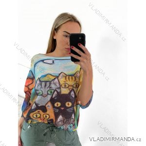 Svetr oversize tenký s potiskem dlouhý rukáv dámský nadrozměr (L/XL/2XL ONE SIZE) ITALSKá MóDA IMB23KITTEN