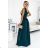 467-1 LOUISE brocade long dress with a neckline and a leg slit - green