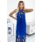 456-1 ESTER Pleated satin maxi dress - blue with flowers