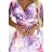 489-1 CINZIA Dress with a neckline, long waist tie and short sleeves - purple-pink large flowers - mesh