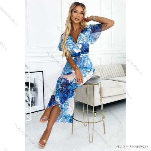 489-2 CINZIA Dress with a neckline, long waist tie and short sleeves - blue large flowers - mesh