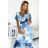 489-2 CINZIA Dress with a neckline, long waist tie and short sleeves - blue large flowers - mesh