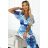 489-2 CINZIA Dress with a neckline, long waist tie and short sleeves - blue large flowers - mesh