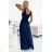 490-1 SUSAN Long brocade dress with a neckline and stitching at the waist - navy blue - Colour   dark blue - Size   L