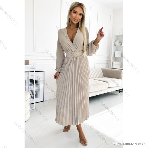 504-2 VIVIANA Pleated midi dress with a neckline, long sleeves and a wide belt - beige colour