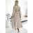 504-2 VIVIANA Pleated midi dress with a neckline, long sleeves and a wide belt - beige colour