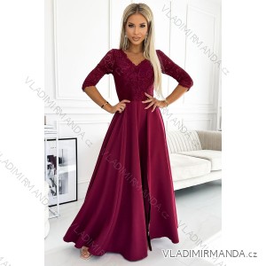 309-9 AMBER elegant long maxi dress with lace neckline - burgundy