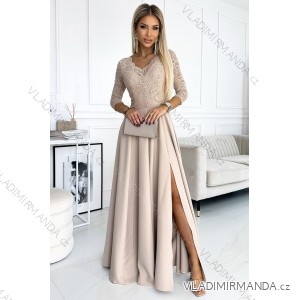 309-10 AMBER lace, elegant long dress with a neckline and leg slit - beige