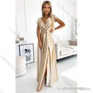 411-7 CRYSTAL satin long dress with a neckline - gold