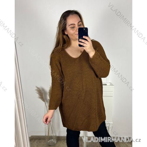 Šaty pletené dlouhý rukáv dámské nadrozměr (2XL/3XL/4XL ONE SIZE) ITALSKÁ MÓDA IM423711/DUR hnědá 3XL/4XL