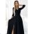 309-11 AMBER lace, elegant long dress with a neckline and leg slit - black