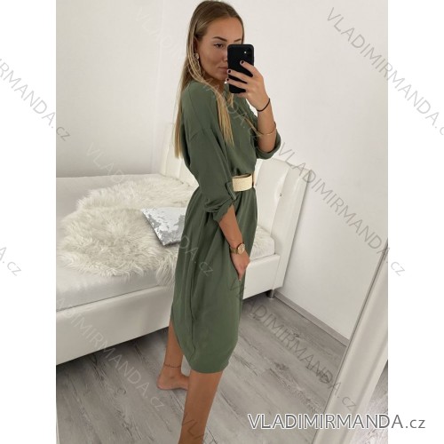 Women's Long Sleeve Belted Dress (L/XL/2XLONE SIZE) ITALIAN FASHION IMPSH246060 Green Khaki S/M