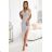 451-2 Shiny dress with short sleeves, a neckline and a slit on the leg - beige with glitter