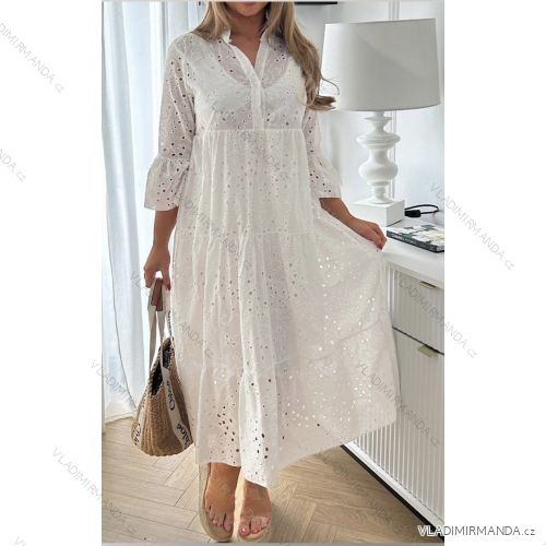 Šaty dlouhé krajkové madeira letní boho bavlněné 3/4 krátký rukáv dámské (S/M/L ONE SIZE) ITALSKÁ MÓDA IMWAD24090