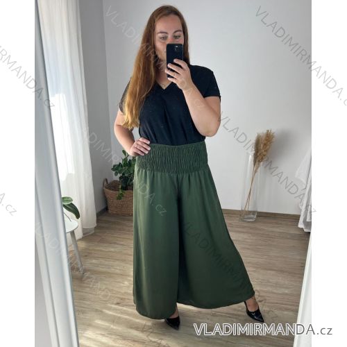 Kalhoty letní dlouhé dámské nadrozměr (56/58 ONE SIZE) POLSKÁ MÓDA IMWT24039/DR zelená khaki 56/58