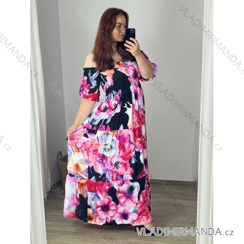 Šaty dlouhé letní carmen dlouhý rukáv dámské nadrozměr (48/50 ONE SIZE) ITALSKÁ MÓDA IMWEC24089/DUR -   růžová -   48/50