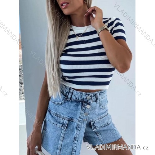 Crop top krátký rukáv dámský proužek (S/M ONE SIZE) ITALSKÁ MÓDA IMD23468/DUR tmavě modrá S/M