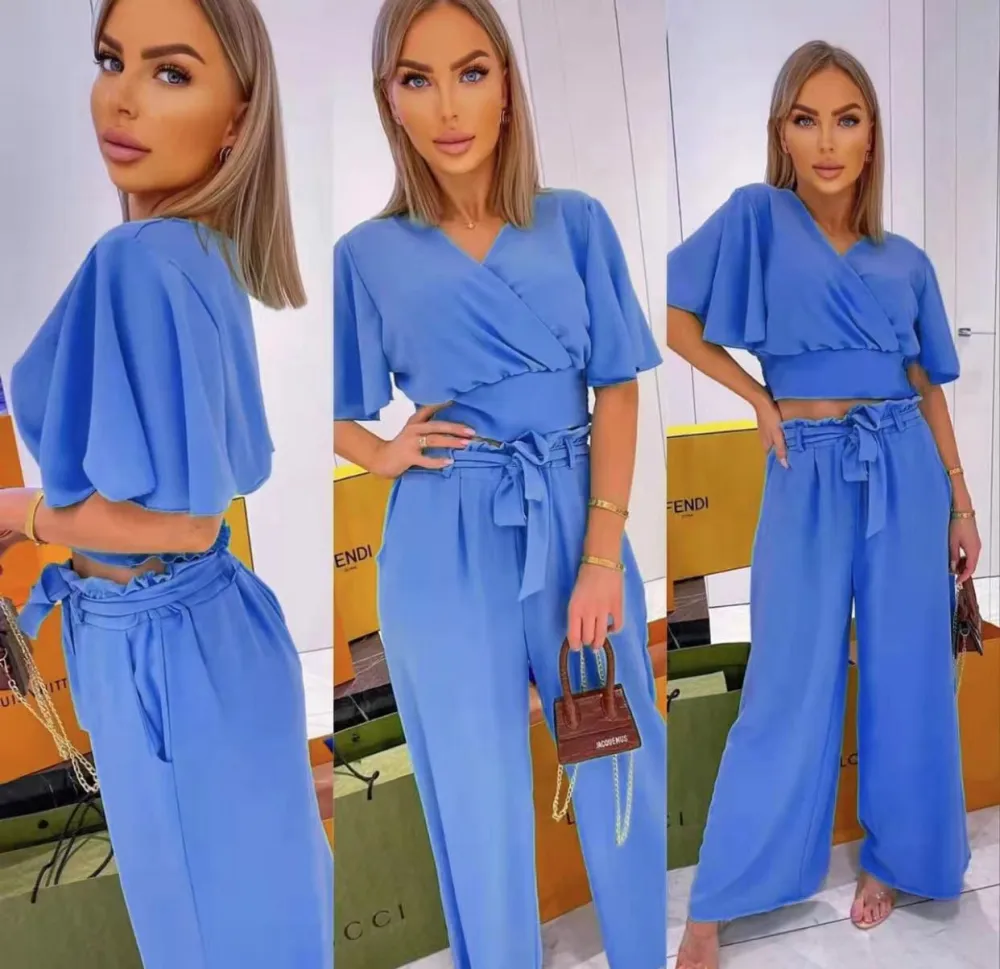 Women's Elegant Crop Top Short Sleeve Long Pants Set (S/M ONE SIZE) ITALIAN FASHION IMPGM242950