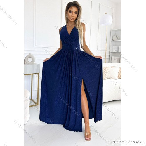 362-9 JUSTINE Long dress with a neckline and a tie at the back - navy blue with glitter