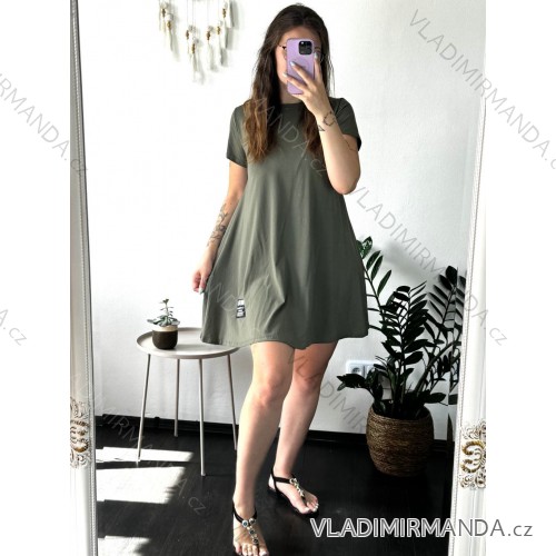 Šaty letní krátký rukáv dámské (S/M/L ONE SIZE) ITALSKÁ MÓDA IMD24014 zelená khaki M/L