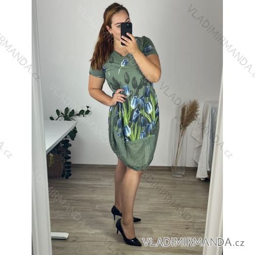 Šaty krátký rukáv dámské nadrozměr (XL/2XL ONE SIZE) ITALSKÁ MÓDA IM423TULIP