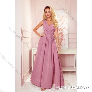 362-1 JUSTINE Long dress with a neckline and a tie - powder pink with glitter