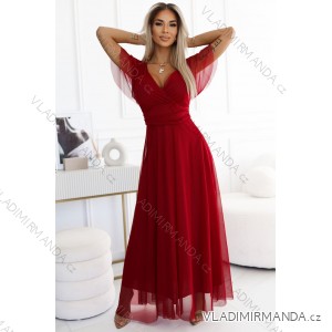 562-2 NASTIA Long dress with neckline and short sleeves - burgundy