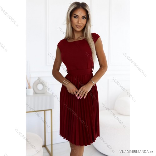 311-15 LILA Pleated dress with short sleeves - color burgundy