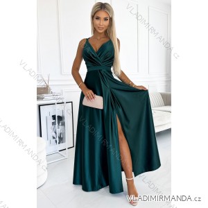 498-3 Long satin dress with a neckline and double straps - green