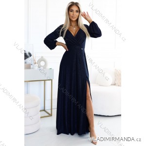 572-1 NELA shiny long gown with neckline and long sleeves - navy blue