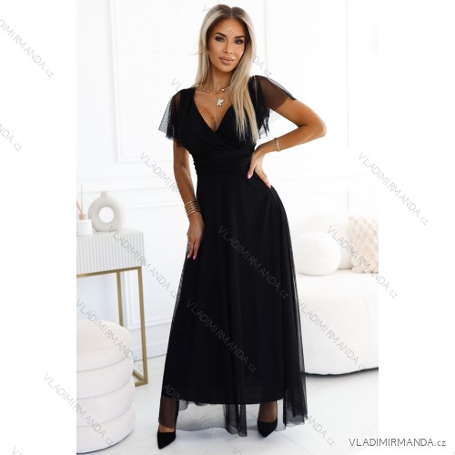 562-3 NASTIA Long dress with neckline and short sleeves - black