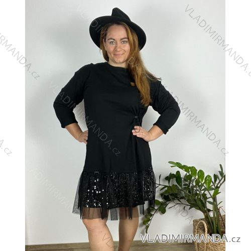 Women's Plus Size Casual Drawstring 3/4 Long Sleeve Dress (50/52/54 ONE SIZE) ITALIAN FASHION IM424701 50/52 black