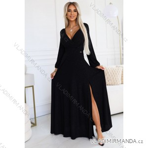 572-2 NELA shiny long gown with neckline and long sleeves - black