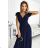 411-3 CRYSTAL long shimmering dress with a neckline - navy blue dark blue 3XL