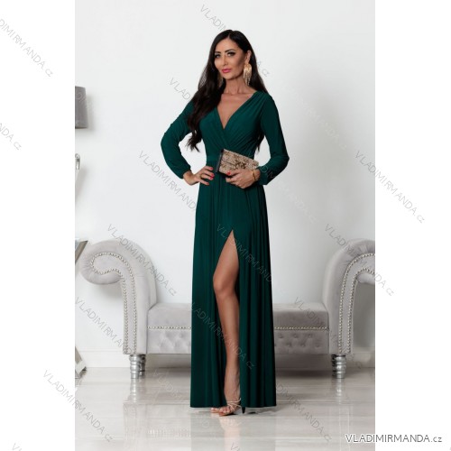 Women's Long Elegant Dress with Wide Straps (SL) FRENCH FASHION FMPEL23VELVET -   emerald green -   XL