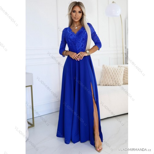 Šaty dlouhé elegantní společenské krajkové s výstřihem dlouhý rukáv  (S - 2XL) Polská móda- Royal blue 309-12 AMBER modrá královská M