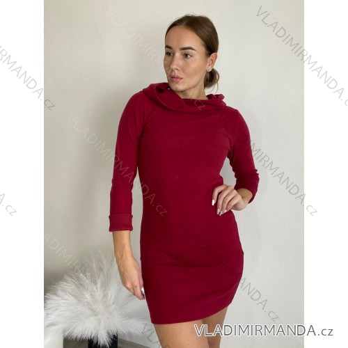 Šaty úpletové s kapucí dlouhý rukáv dámské (S/M/L ONE SIZE) ITALSKÁ MÓDA IMD24403/DU -   vínová -   S/M/L