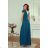 Women's Long Elegant Dress with Wide Straps (SL) FRENCH FASHION FMPEL23VELVET modrá petrolejová 40