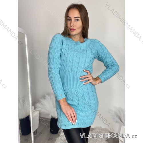 Šaty pletené dlouhý rukáv dámské (S/M/L ONE SIZE) ITALSKÁ MÓDA IMWBL24124/DR S/M modrá azurová