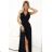 587-1 MONIQUE long exclusive dress with a neckline and a leg slit - black with glitter
