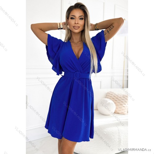 586-2 Women's dress with envelope neckline, sleeves and belt - blue