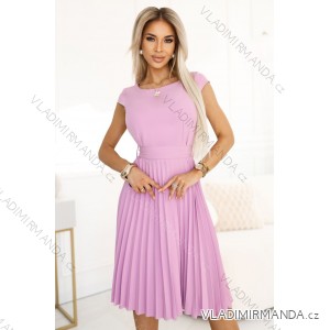 311-18 LILA Classic pleated dress with short sleeves and a belt - heather color
