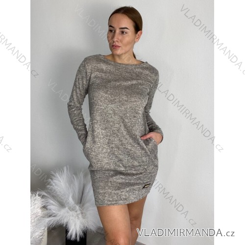Šaty klasik teplé dlouhý rukáv dámské (S/M ONE SIZE) ITALSKÁ MÓDA IMD231079/DU šedá S/M