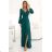 572-4 NELA shiny long dress with neckline, long sleeves and leg slit - green