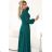 572-4 NELA shiny long dress with neckline, long sleeves and leg slit - green