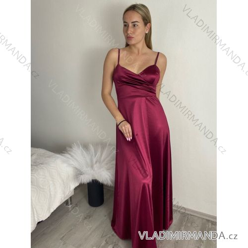 Šaty dlouhé společenské saténové na ramínka dámské (XS/S/M ONE SIZE) ITALSKÁ MÓDA IMC25120/DUR S/M vínová