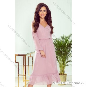 304-1 Chiffon Midi Dress with a Neckline and Frill - Dirty Pink
