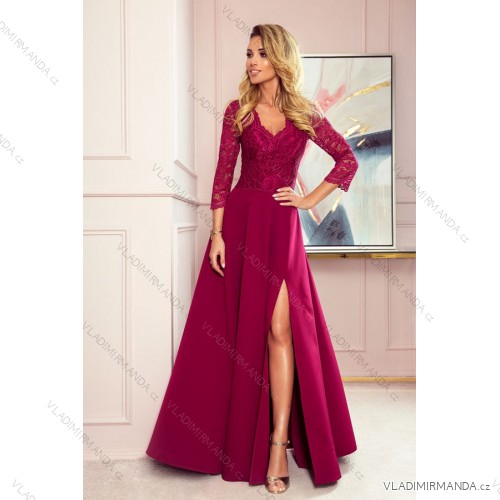 309-1 AMBER elegant lace long dress with a neckline - Burgundy color